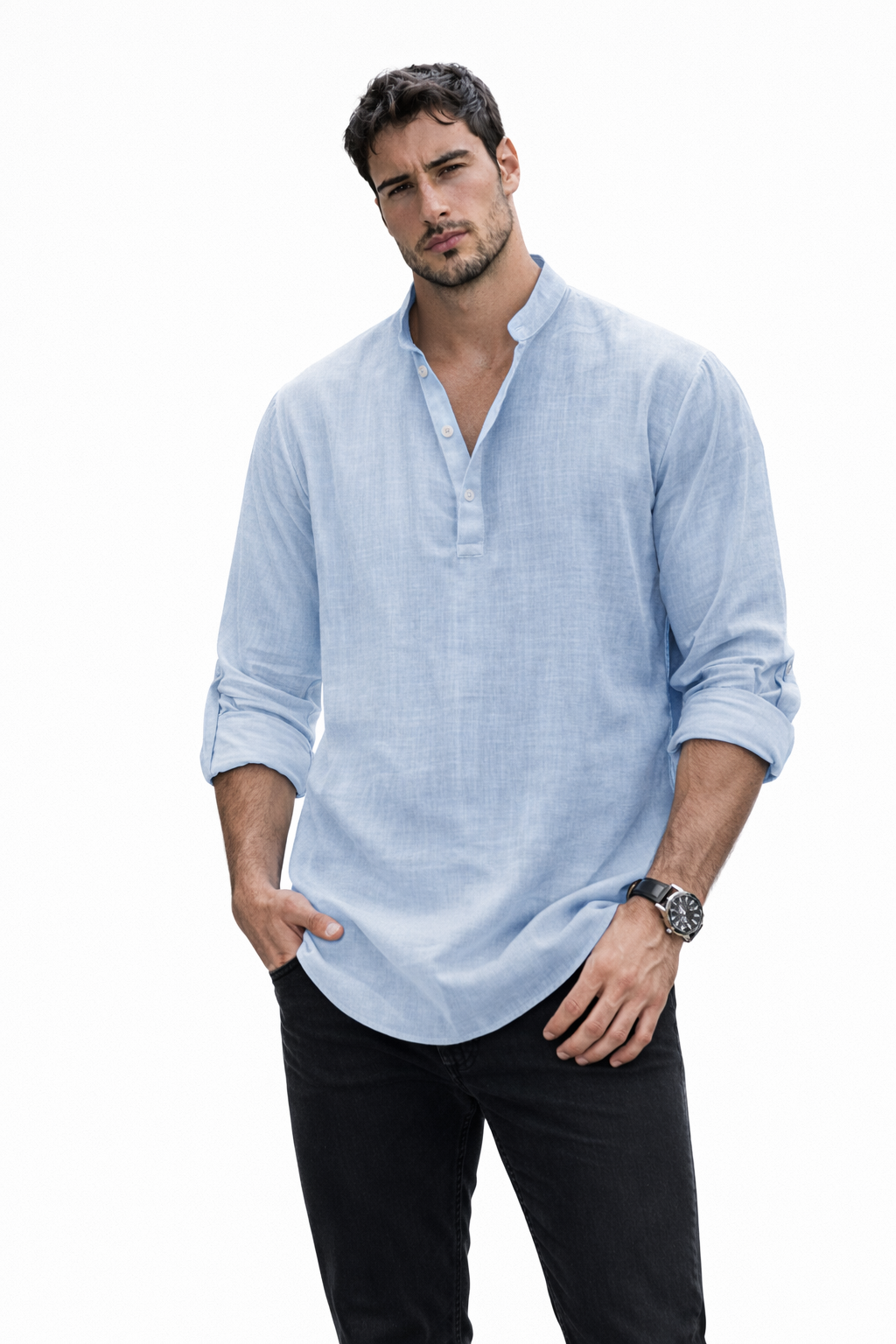 Yeray - Camisa fresca de lino natural con cuello de botones
