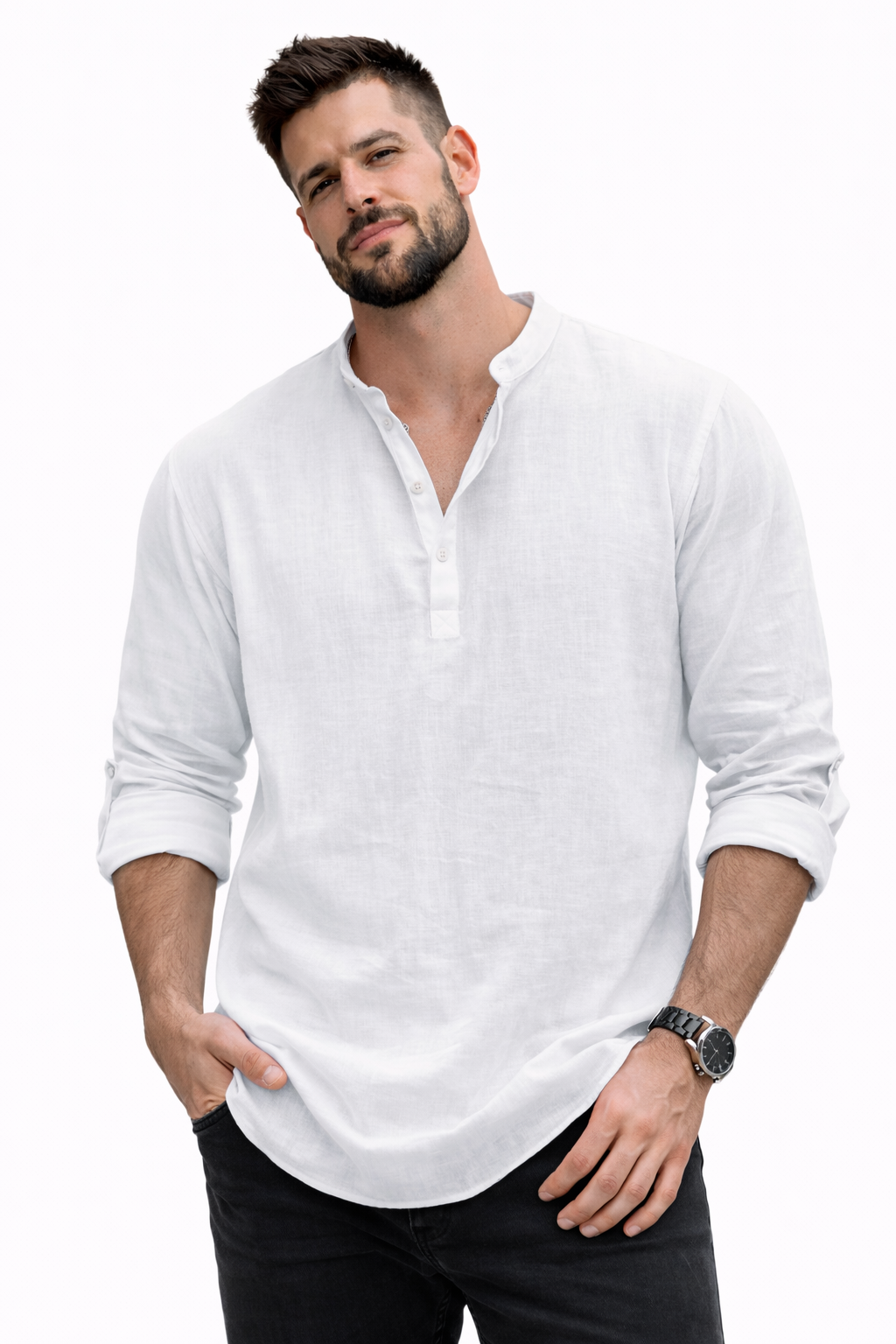 Yeray - Camisa fresca de lino natural con cuello de botones