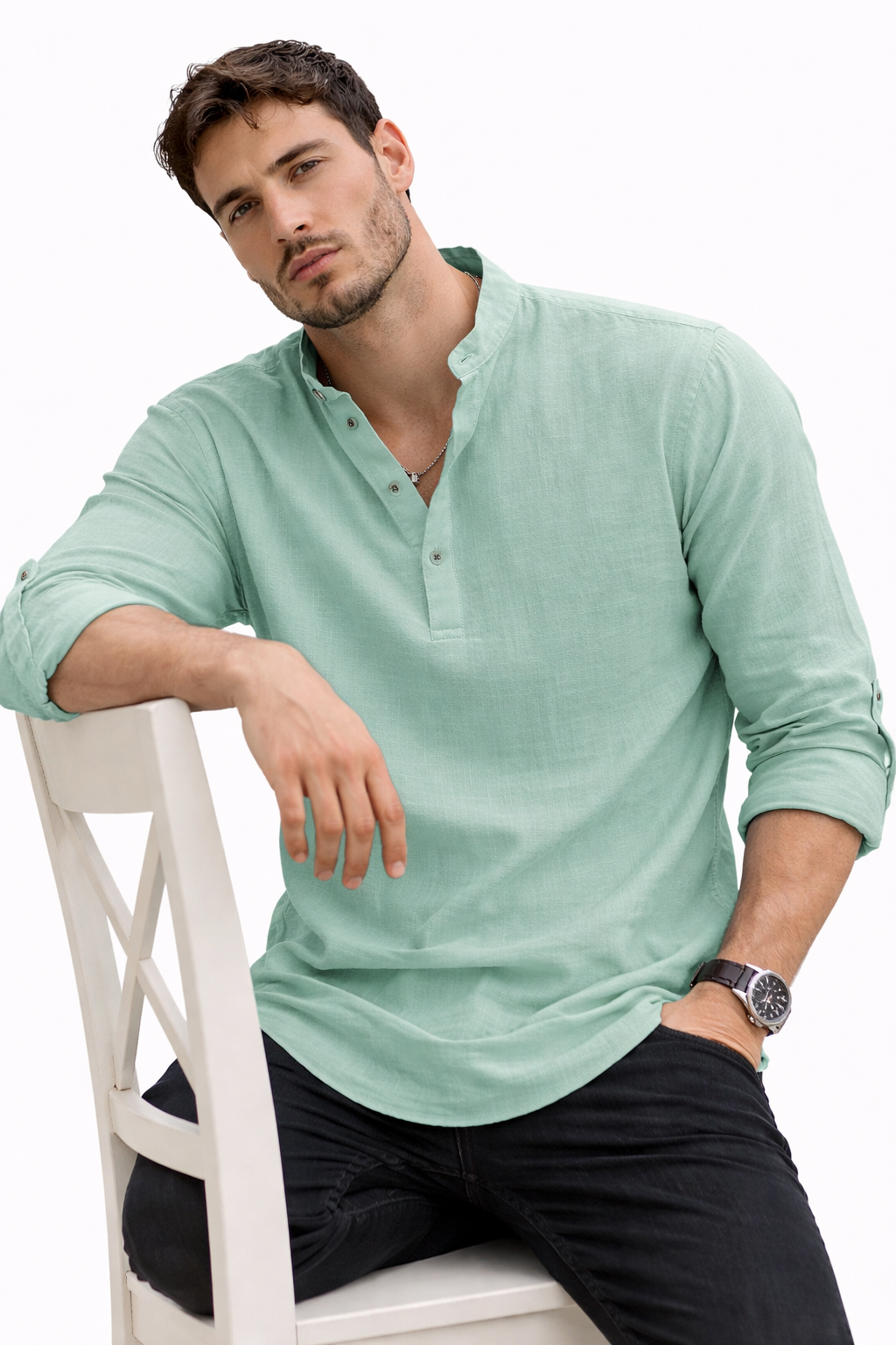 Yeray - Camisa fresca de lino natural con cuello de botones