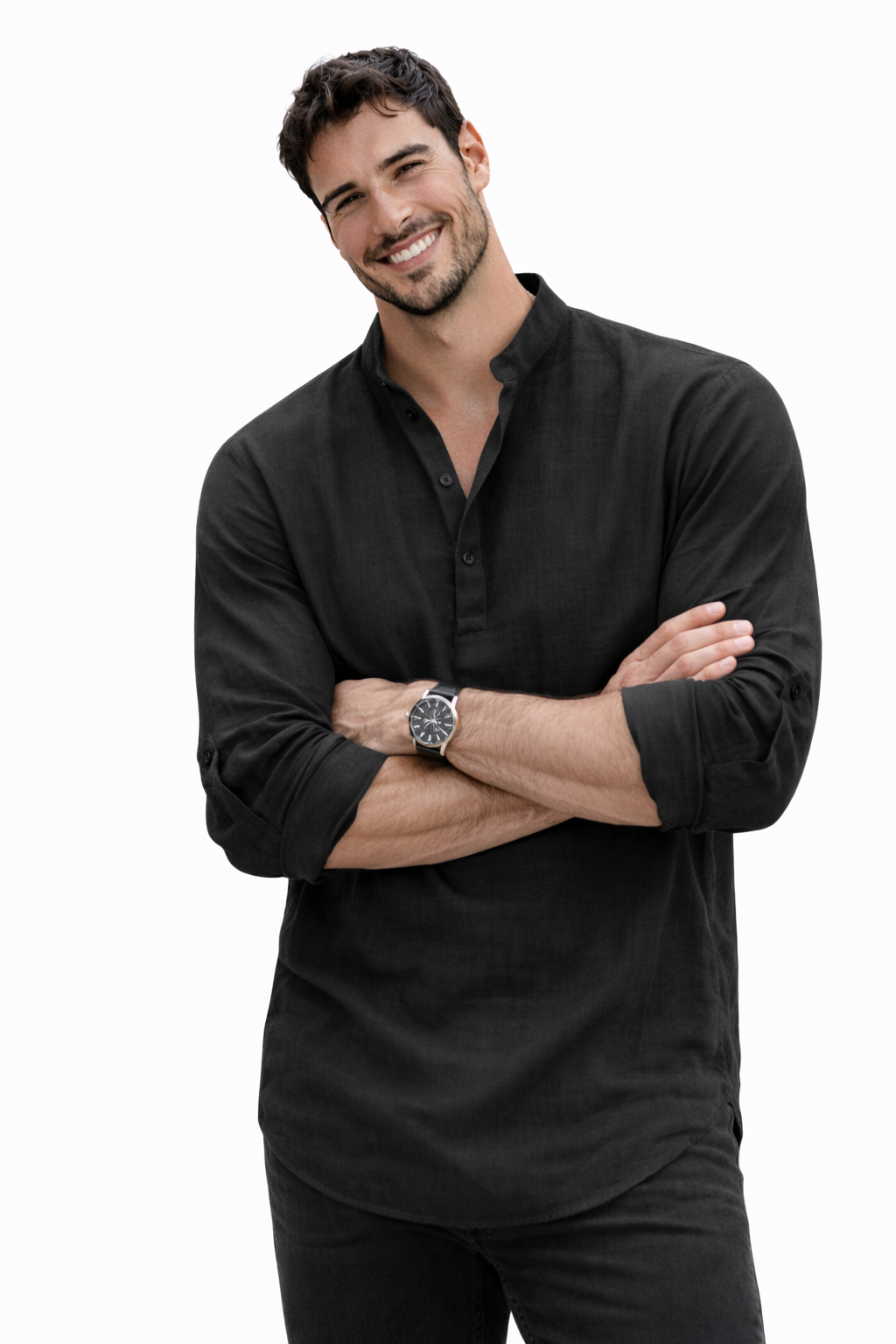 Yeray - Camisa fresca de lino natural con cuello de botones