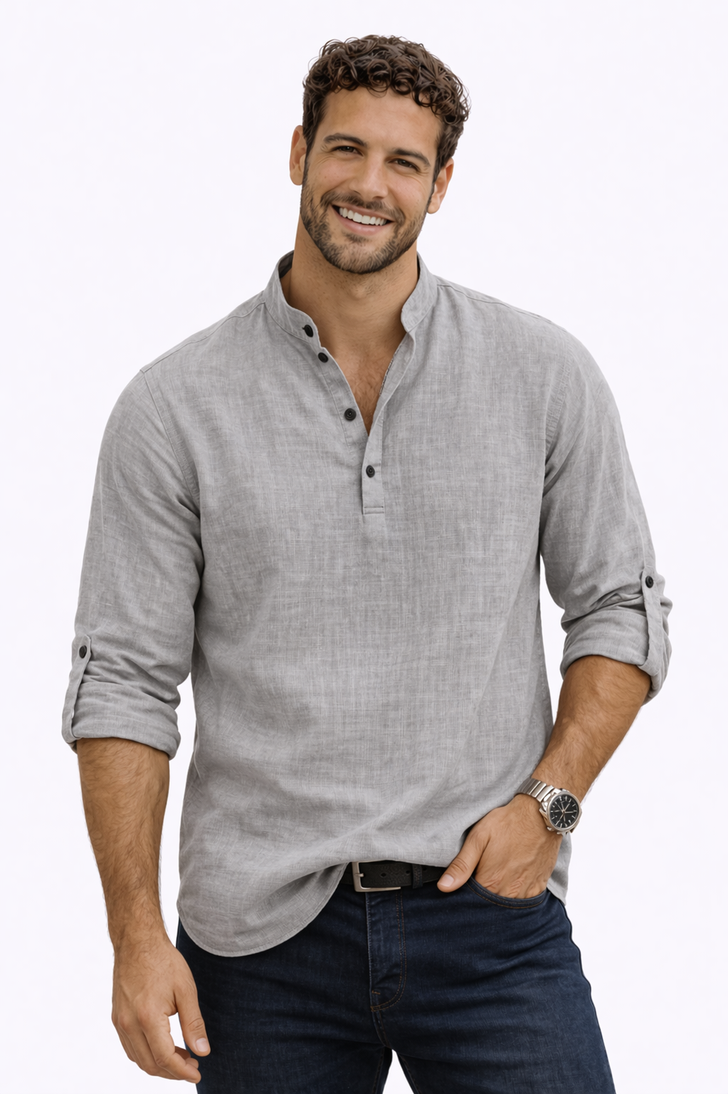 Yeray - Camisa fresca de lino natural con cuello de botones