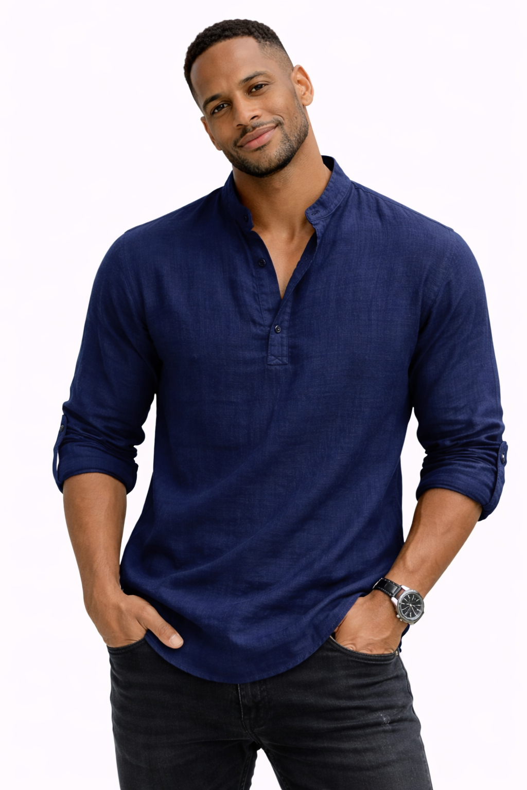 Yeray - Camisa fresca de lino natural con cuello de botones
