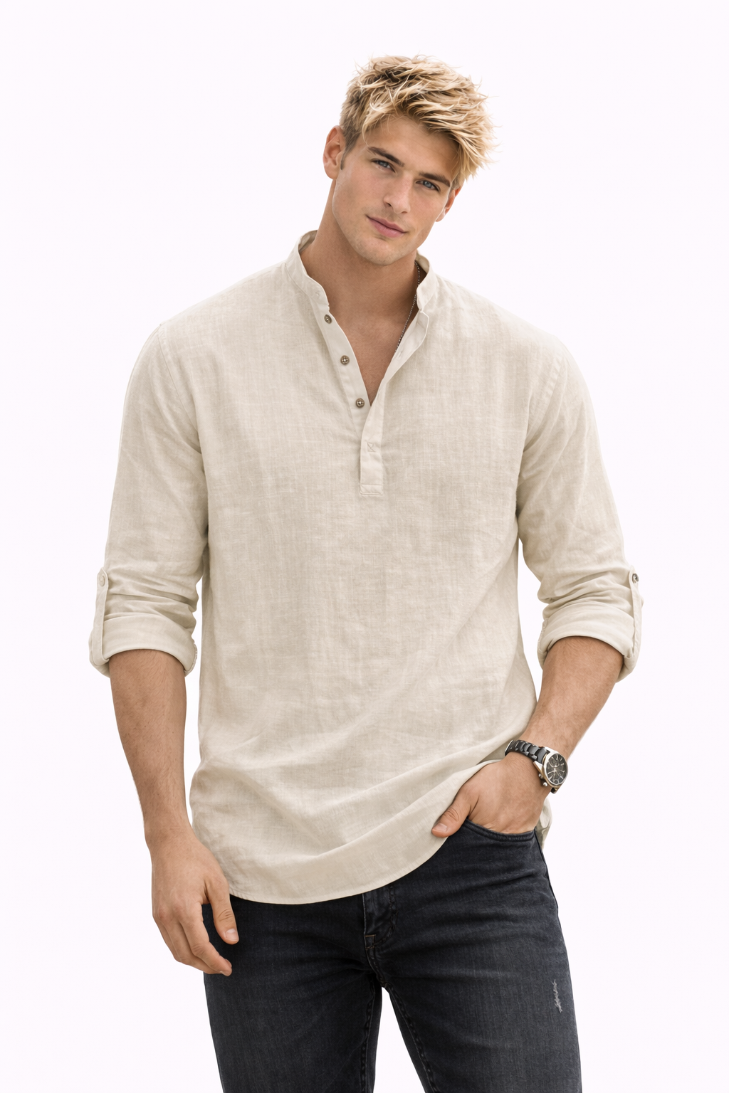 Yeray - Camisa fresca de lino natural con cuello de botones