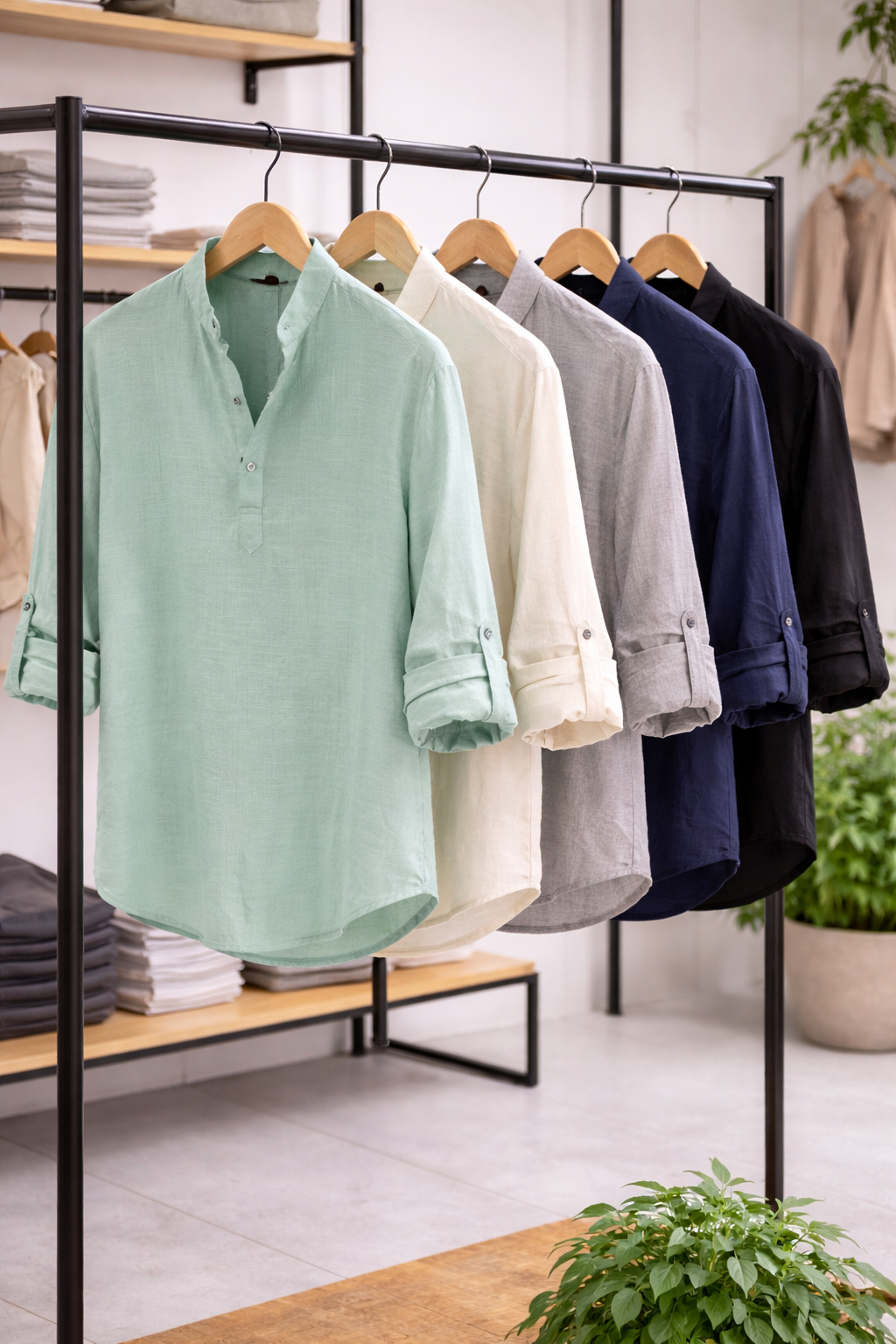 Yeray - Camisa fresca de lino natural con cuello de botones