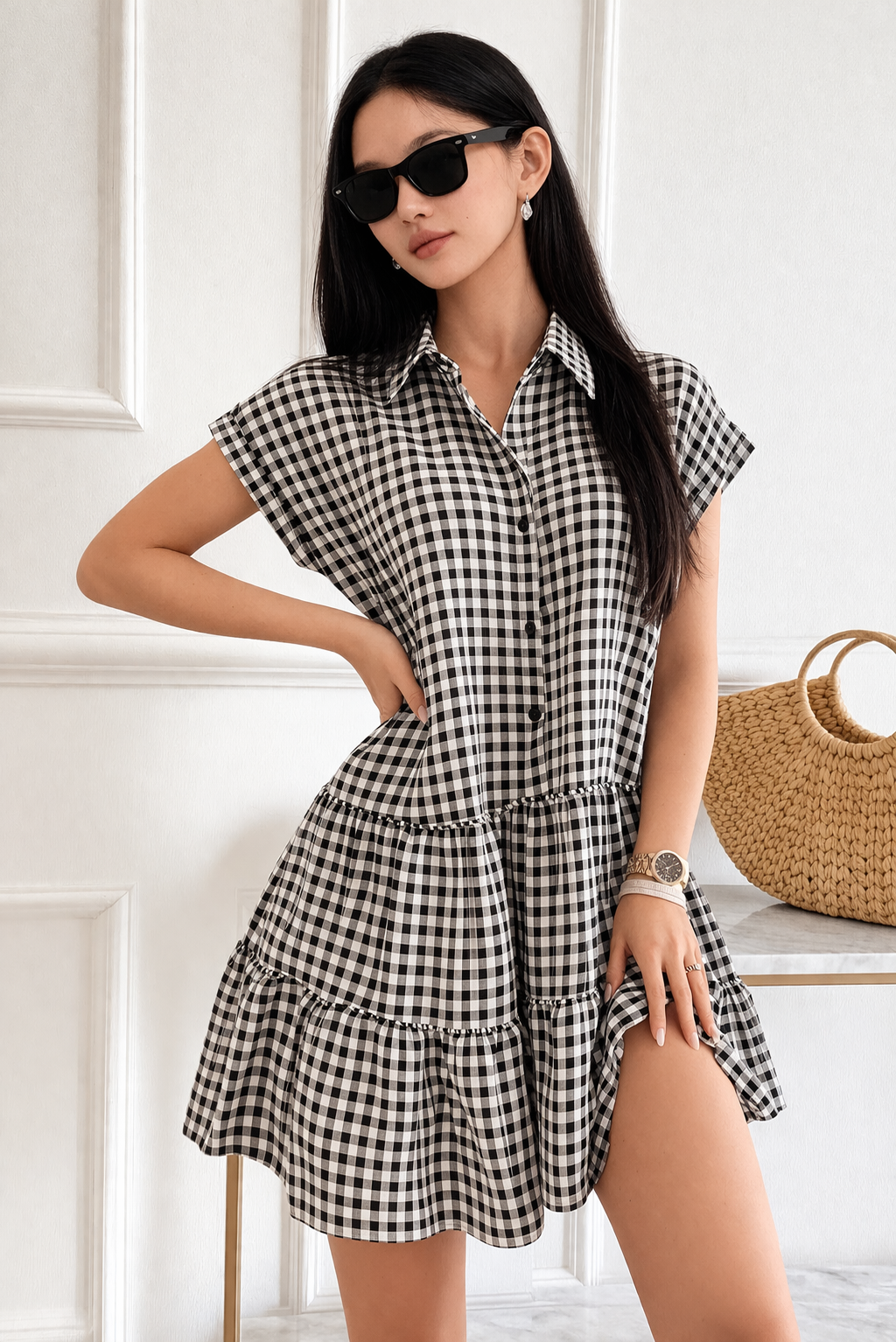 Yareli- Vestido mini con mangas murciélago y corte evasé