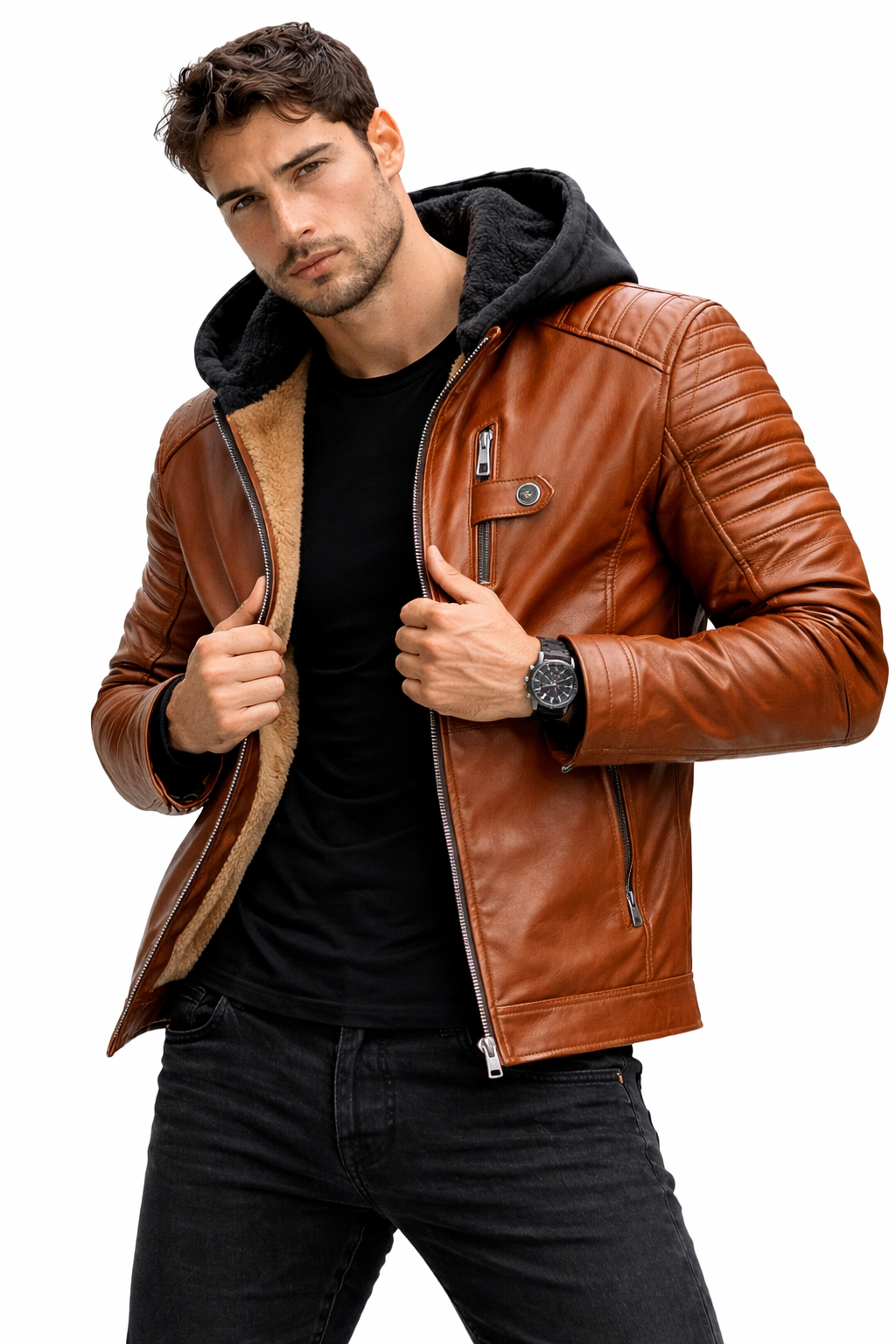 Alejandro- Chaqueta de piel y capcuha