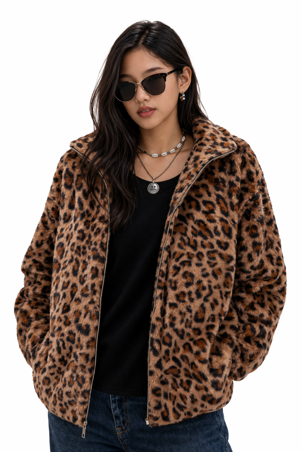 Evelyn-Abrigo de leopardo con capucha y cremallera