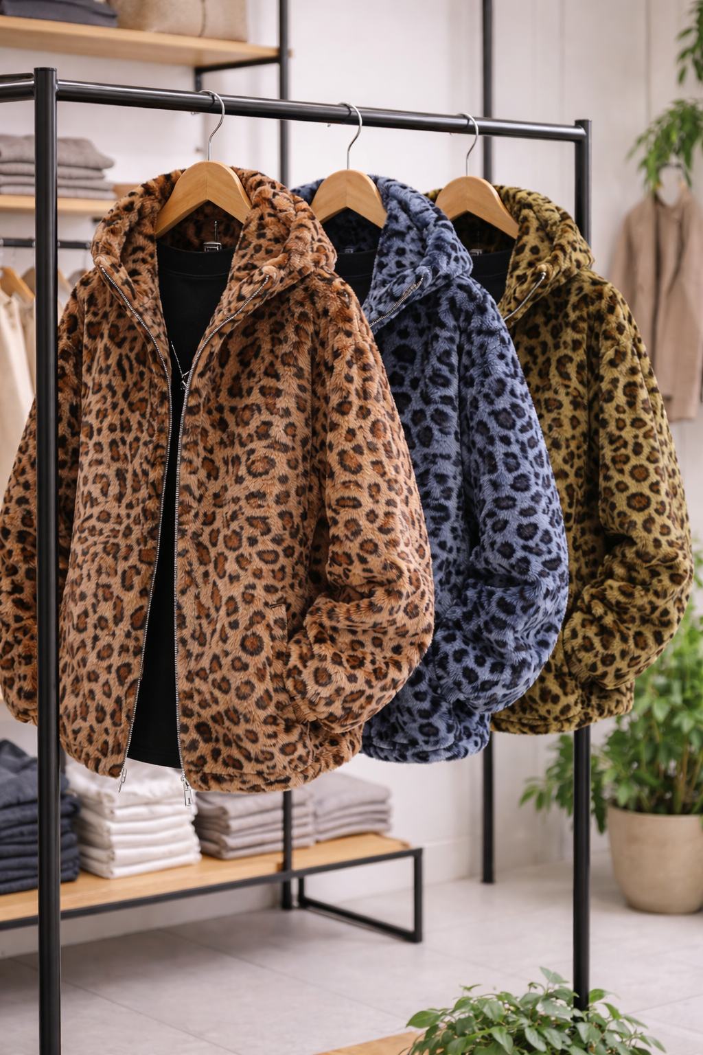 Evelyn-Abrigo de leopardo con capucha y cremallera