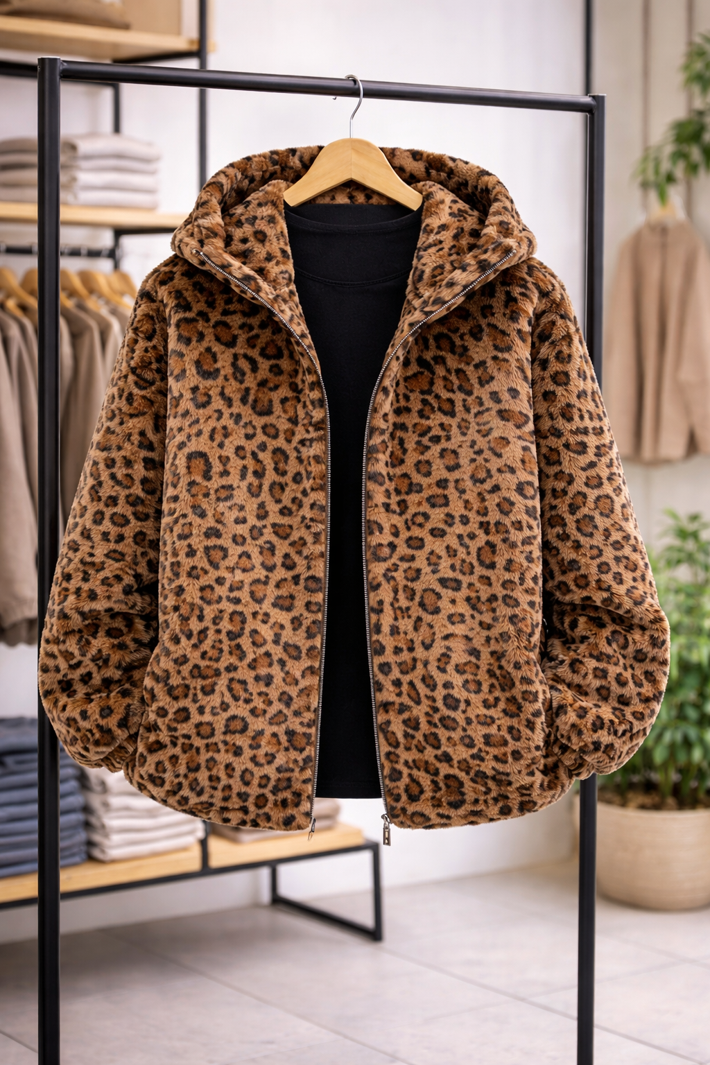 Evelyn-Abrigo de leopardo con capucha y cremallera