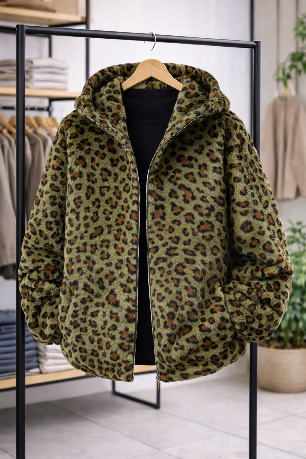 Evelyn-Abrigo de leopardo con capucha y cremallera