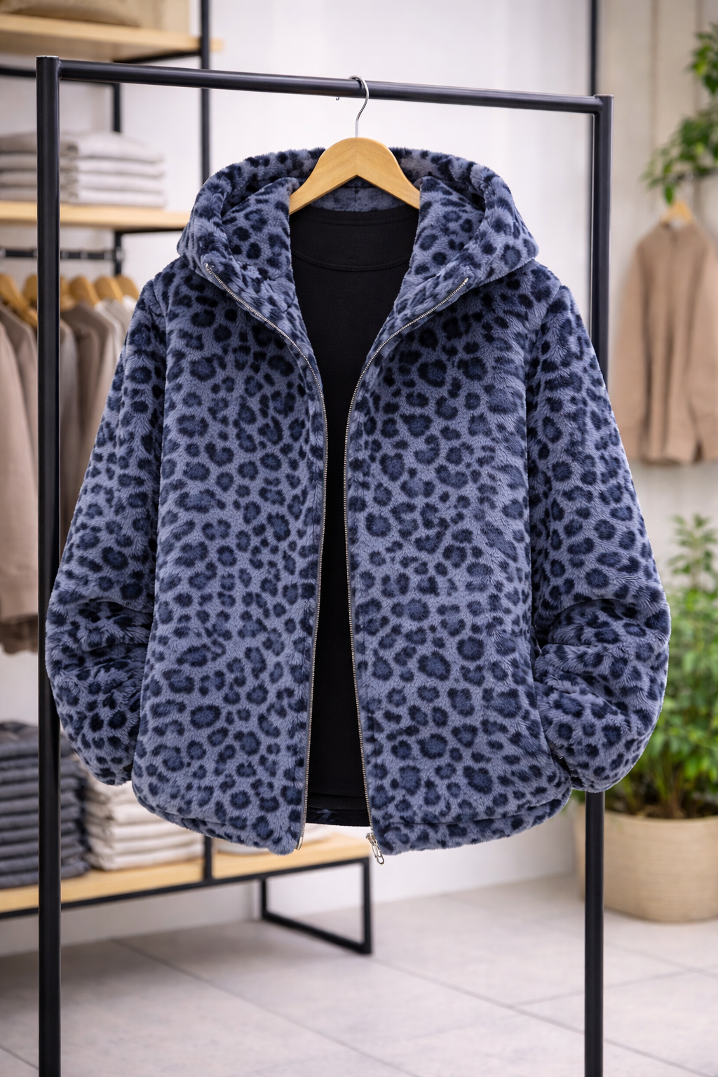 Evelyn-Abrigo de leopardo con capucha y cremallera
