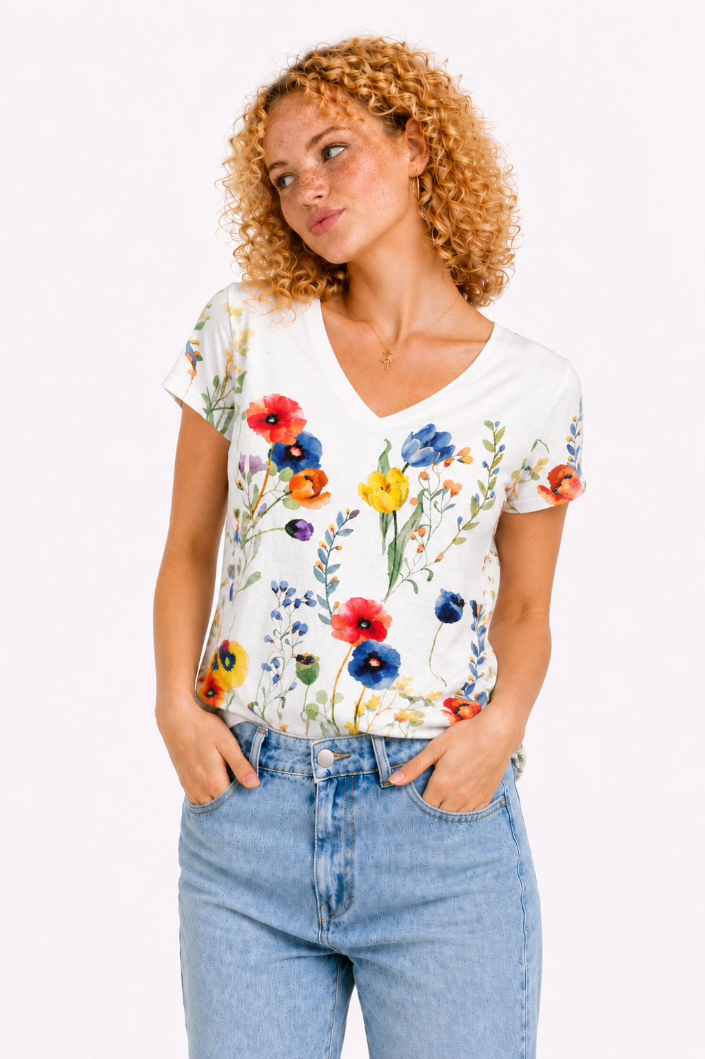 Almudena-Camiseta floral cuello en V oversize