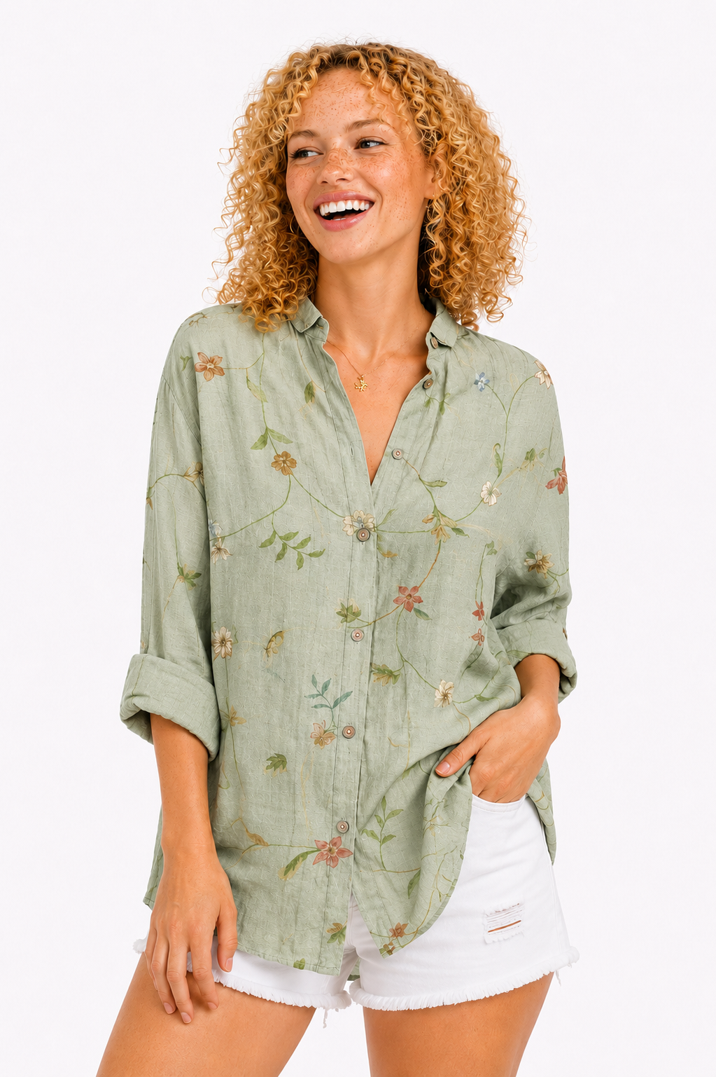 Sonia-Blusa floral de ajuste ligero y botones
