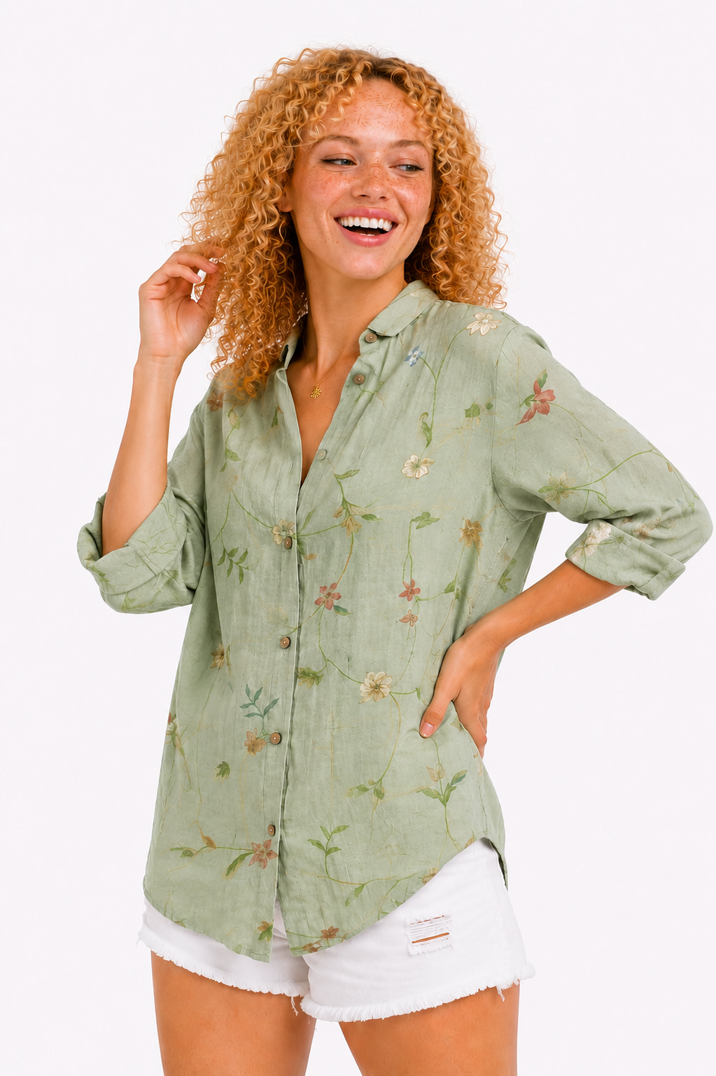 Sonia-Blusa floral de ajuste ligero y botones
