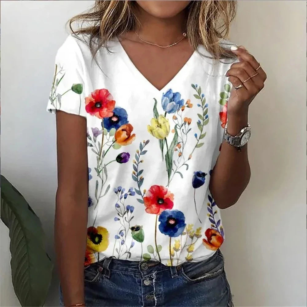 Vintage Floral 3D Print V‑Neck Tee – Oversized Harajuku Style
