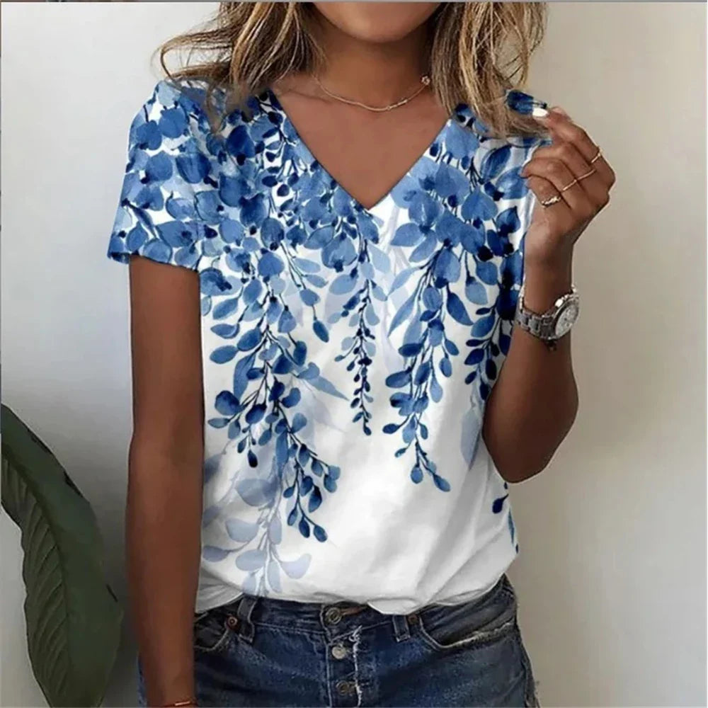 Vintage Floral 3D Print V‑Neck Tee – Oversized Harajuku Style