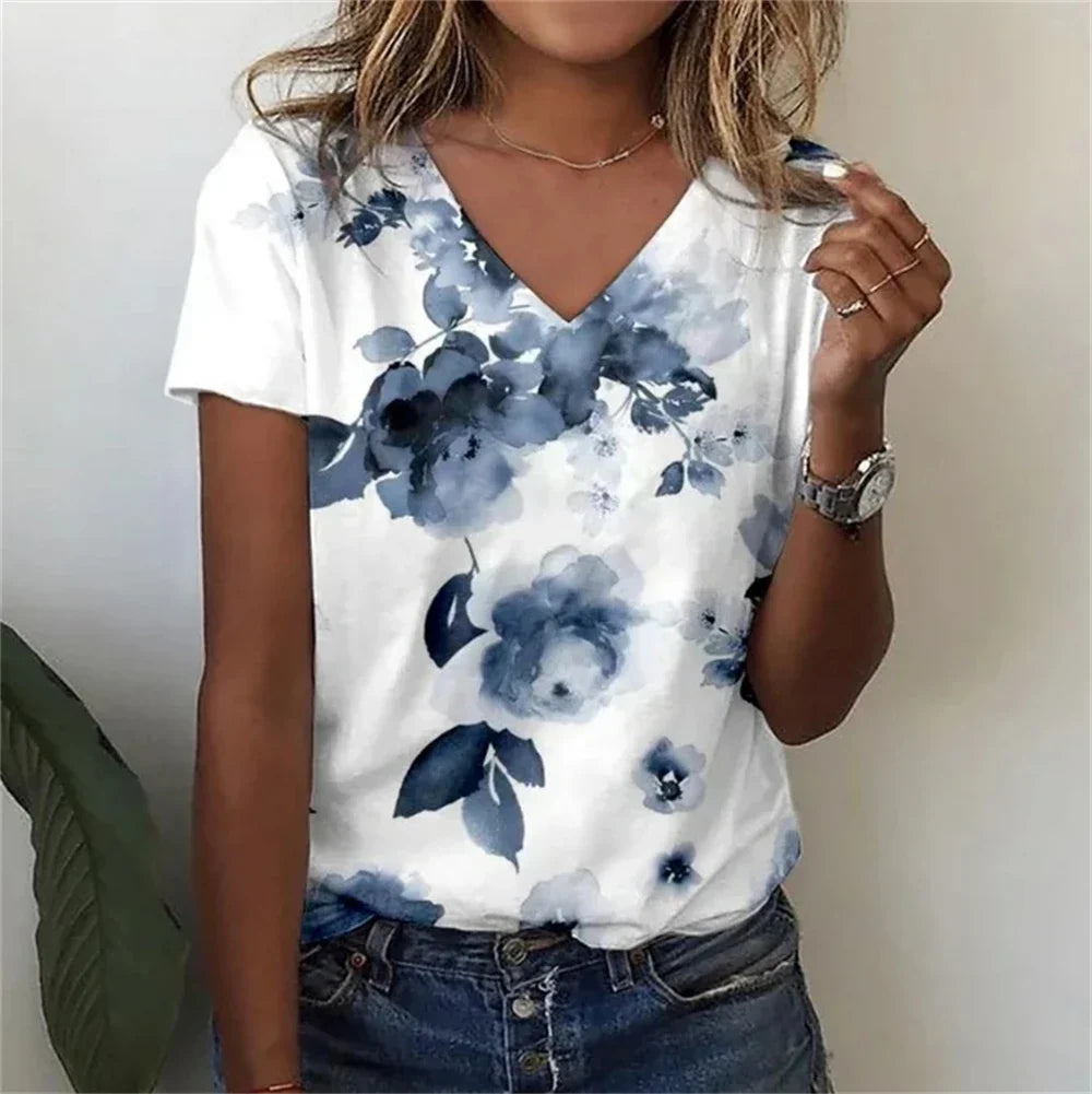 Vintage Floral 3D Print V‑Neck Tee – Oversized Harajuku Style