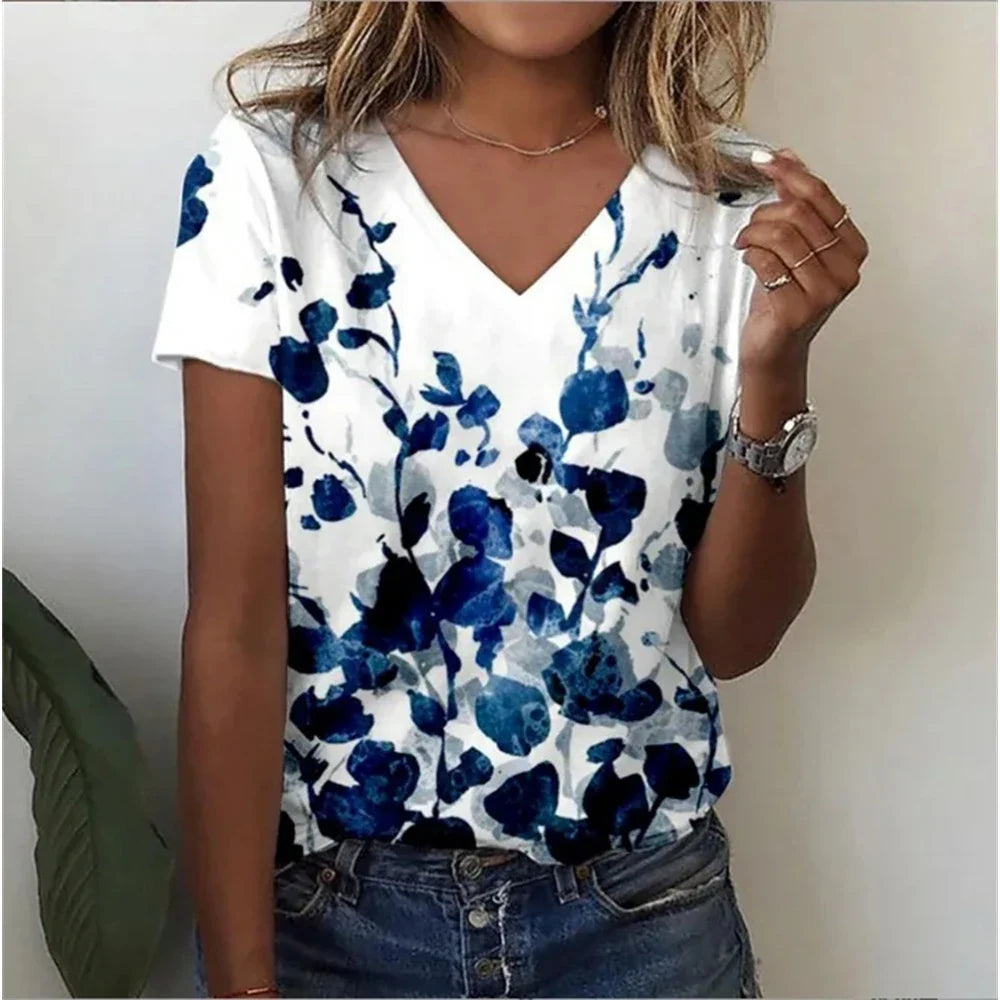 Vintage Floral 3D Print V‑Neck Tee – Oversized Harajuku Style