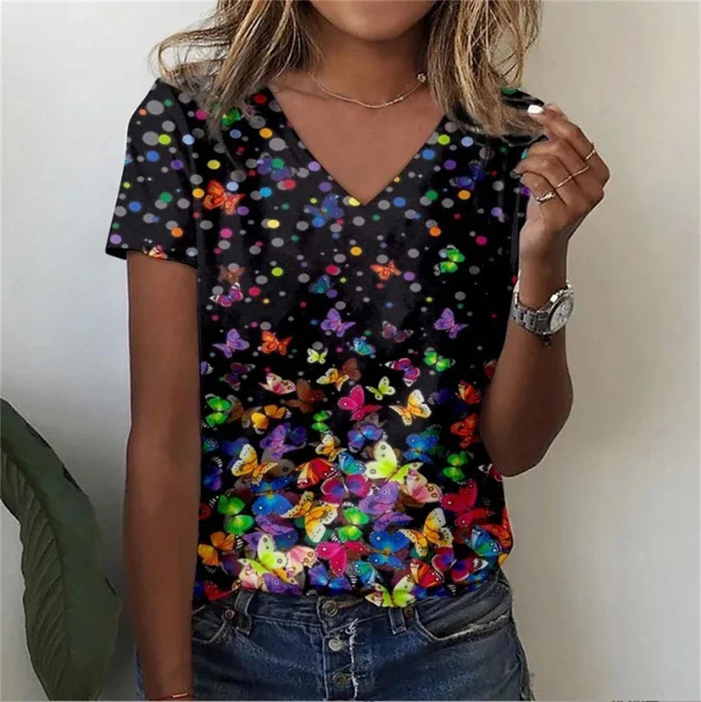 Vintage Floral 3D Print V‑Neck Tee – Oversized Harajuku Style