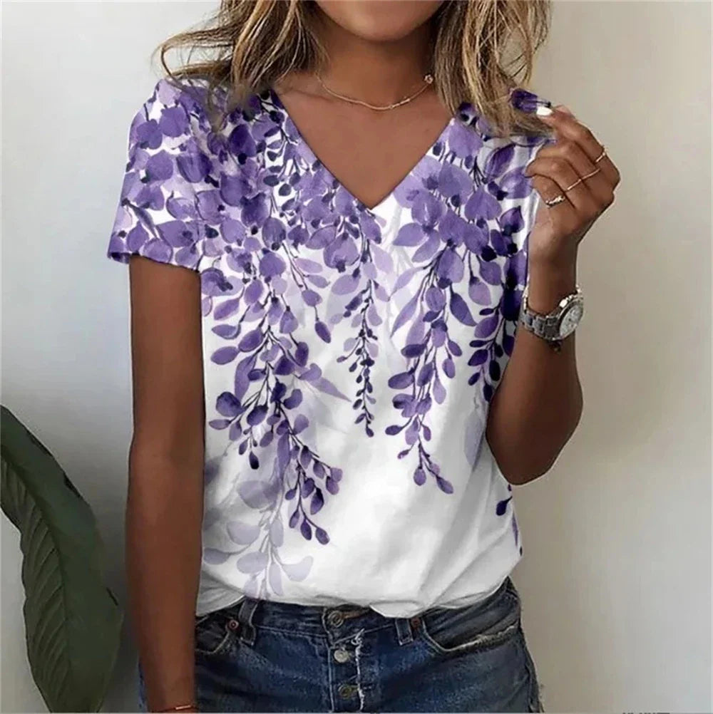 Vintage Floral 3D Print V‑Neck Tee – Oversized Harajuku Style