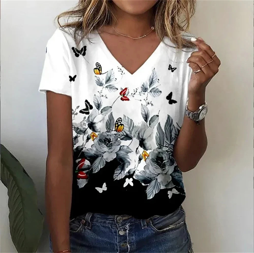 Vintage Floral 3D Print V‑Neck Tee – Oversized Harajuku Style
