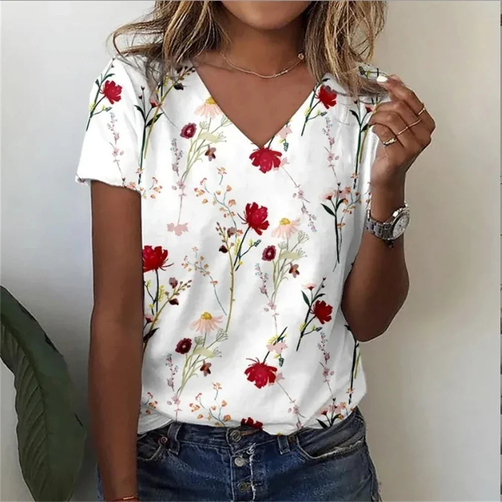 Vintage Floral 3D Print V‑Neck Tee – Oversized Harajuku Style