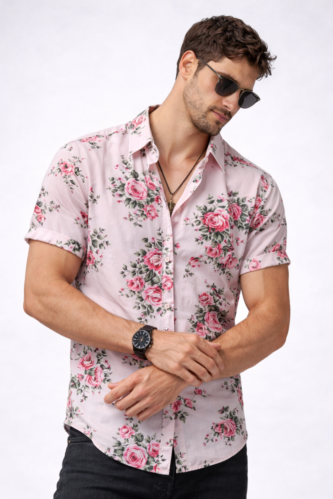 Mario- Camisa de botones Hawaina Rosa
